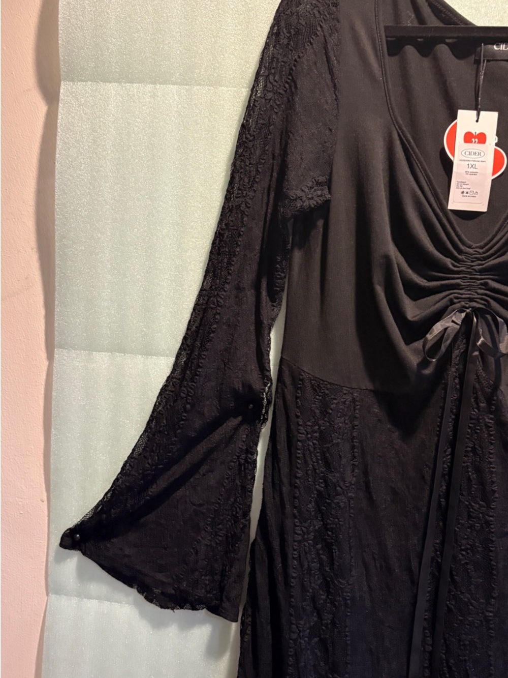 Cider Black Lace-Trim Ruched Midi Dress. Bell Sleeves. Hobo 1XL Goth Midi NWT - Picture 5 of 6